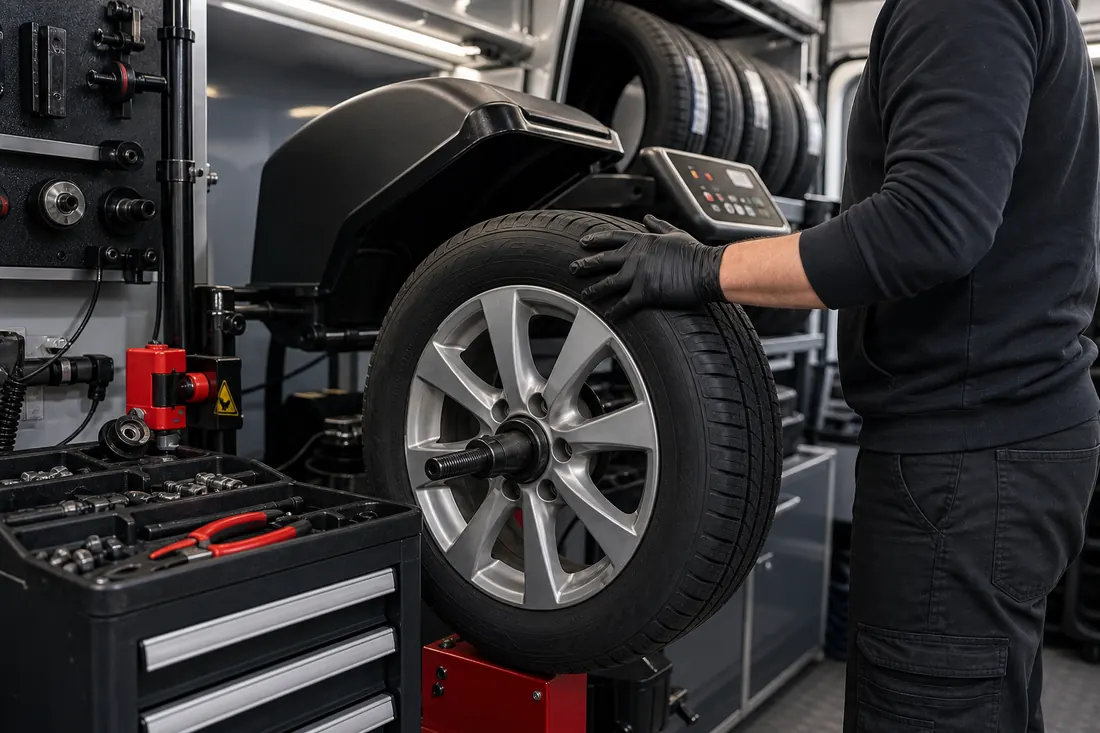 mobile tyre balancing and fitting inside tyre van